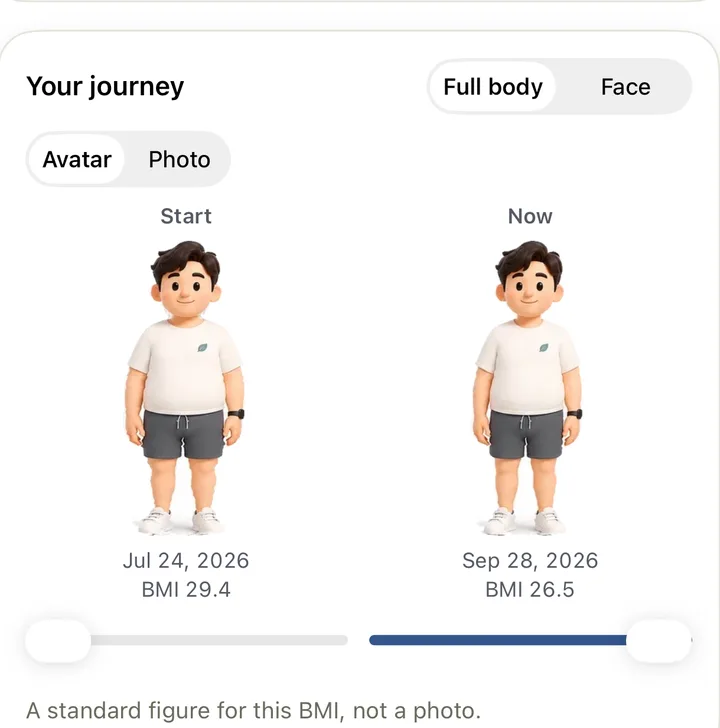 Your journey: the avatar at the start and now, BMI 29.4 and 26.5